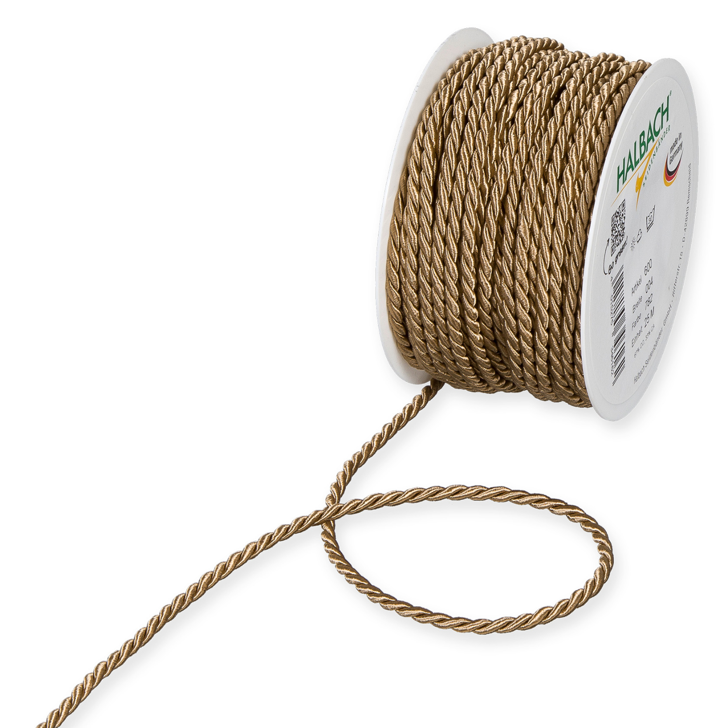 Kordel 4mm 5m: Robuste, naturfarbene Kordel von Halbach auf einer Rolle, ideal für DIY-Projekte.