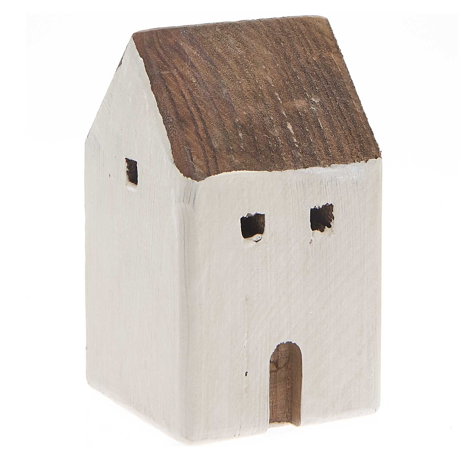 Haus Maritim Holz 5x5x8,5cm von Rico Design: Weißes Holzhaus mit braunem Dach, minimalistischem Design und kleinen Fenstern.