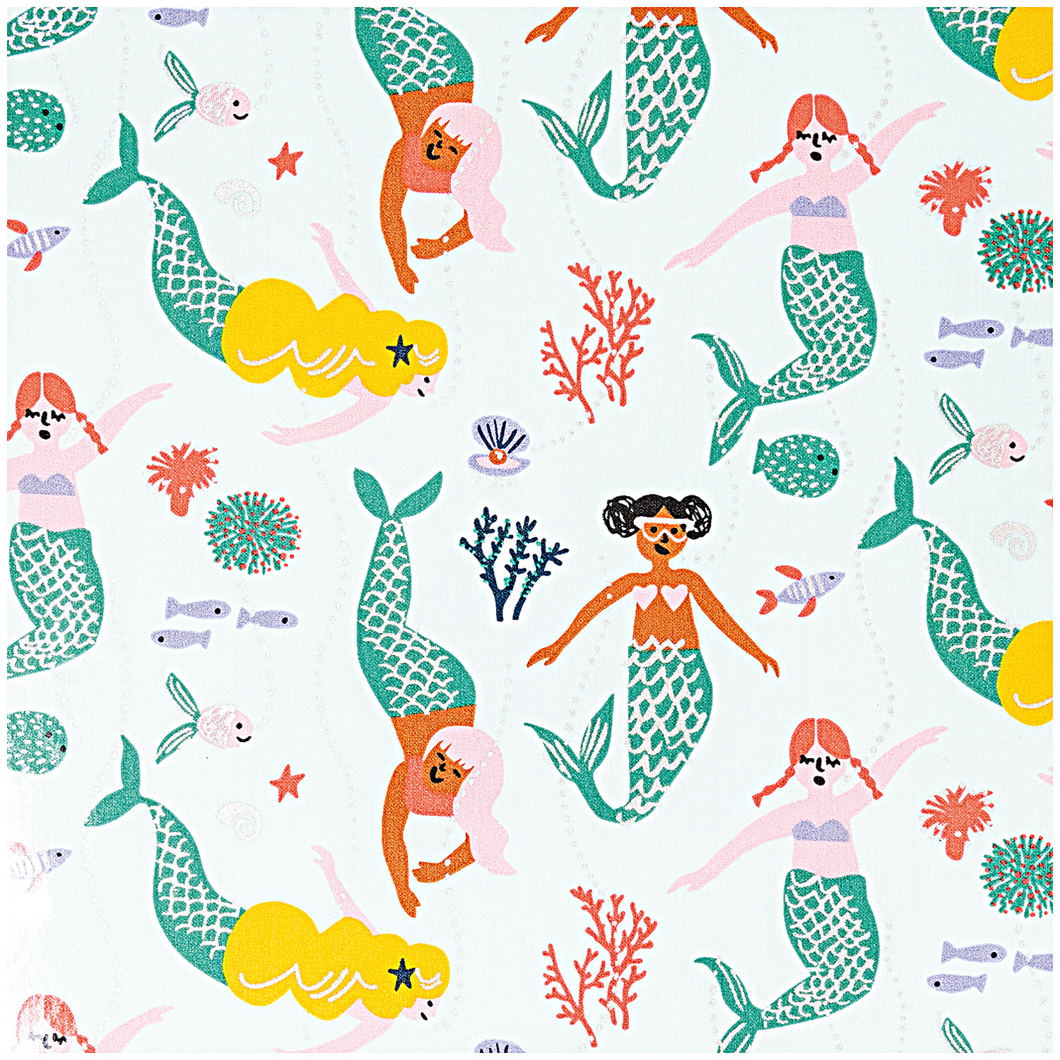 Druckstoff beschichtet Mermaid Meerjungfrau-neon Hot Foil 25x70cm zeigt bunte Meerjungfrauen und Meeresmotive auf weißem Hintergrund, von Rico Design.