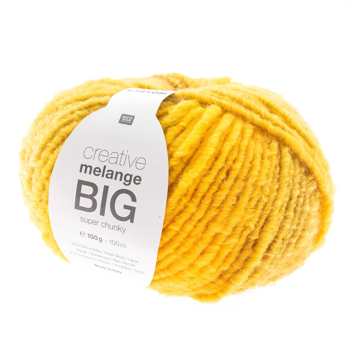 Creative Melange Big super chunky Wolle in Gelb-Mix von Rico Design, 100g Knäuel, ideal für warme Strickprojekte.