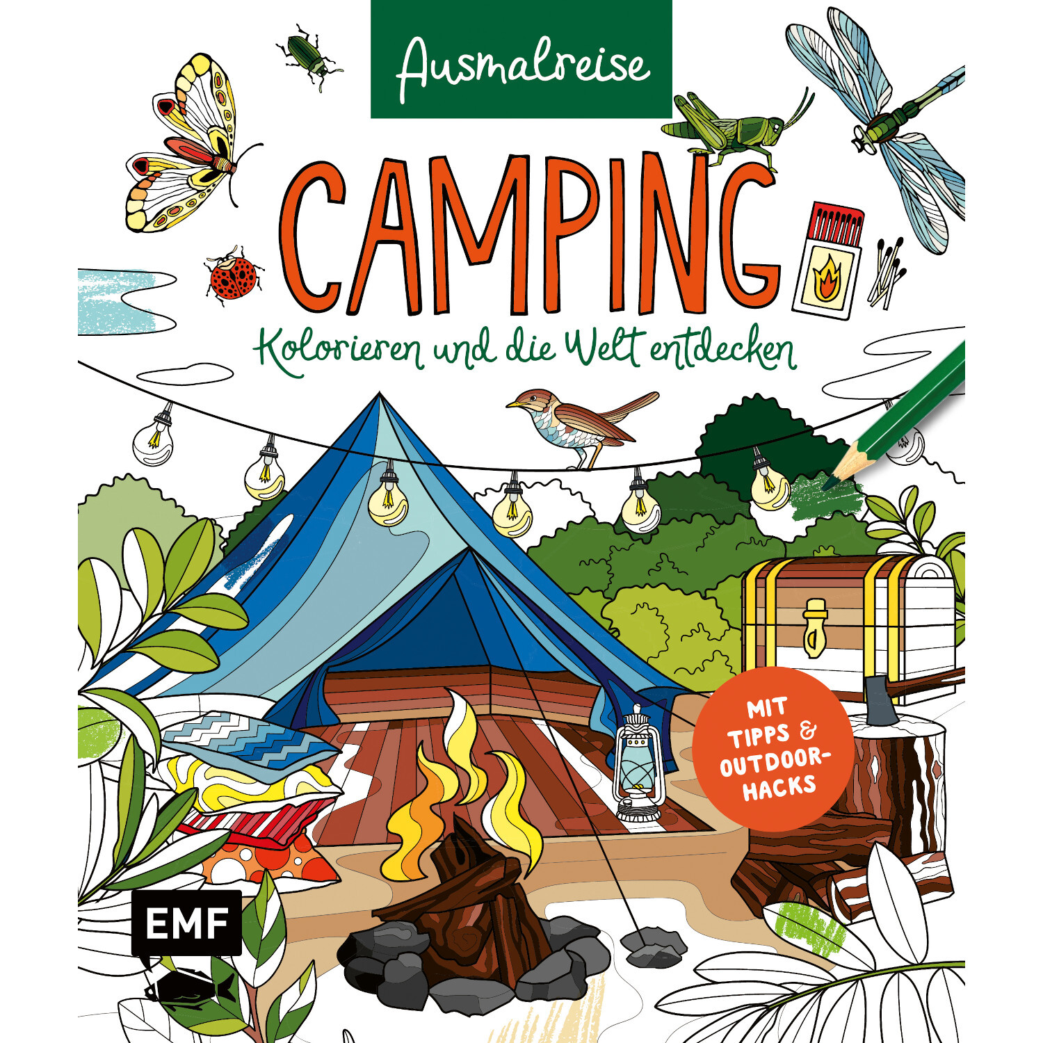 Ausmalreise Camping: Ein blaues Zelt im Wald mit Lagerfeuer, Insekten und Campingausrüstung von EMF.