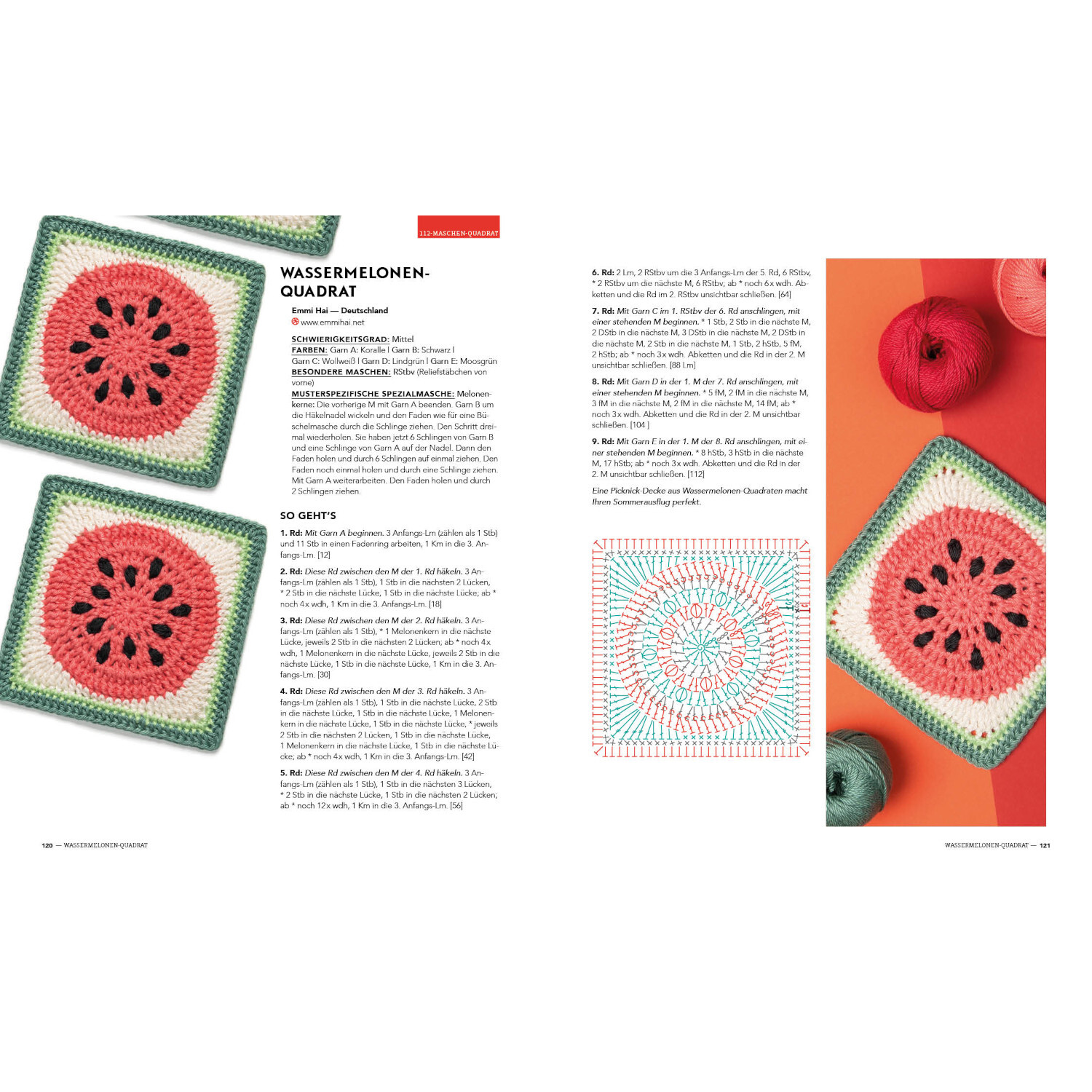 Musterbibel Granny Squares: Anleitung für Wassermelonen-Quadrat mit bunten Garnen und Häkelnadel.
