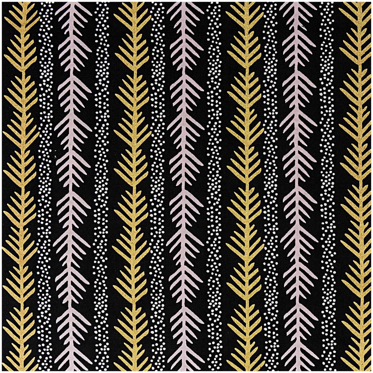 Stoff grafische Tanne schwarz-gold 140cm breit: Schwarzer Hintergrund mit goldenen Tannenmustern von Rico Design.