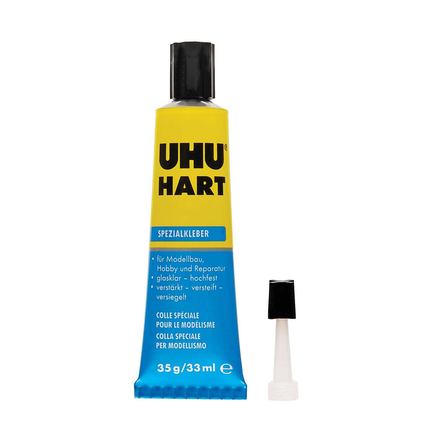 Klebstoff hart 35g von UHU, blaue Tube mit schwarzem Verschluss, ideal für Modellbau.