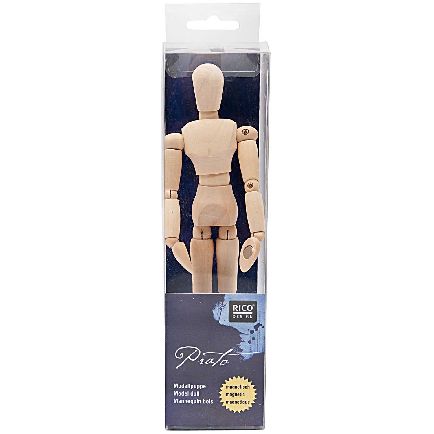 Modellpuppe magnetisch groß 32,5cm in natürlicher Holzoptik von Rico Design, verpackt in einer transparenten Box. Ideal für Künstler.