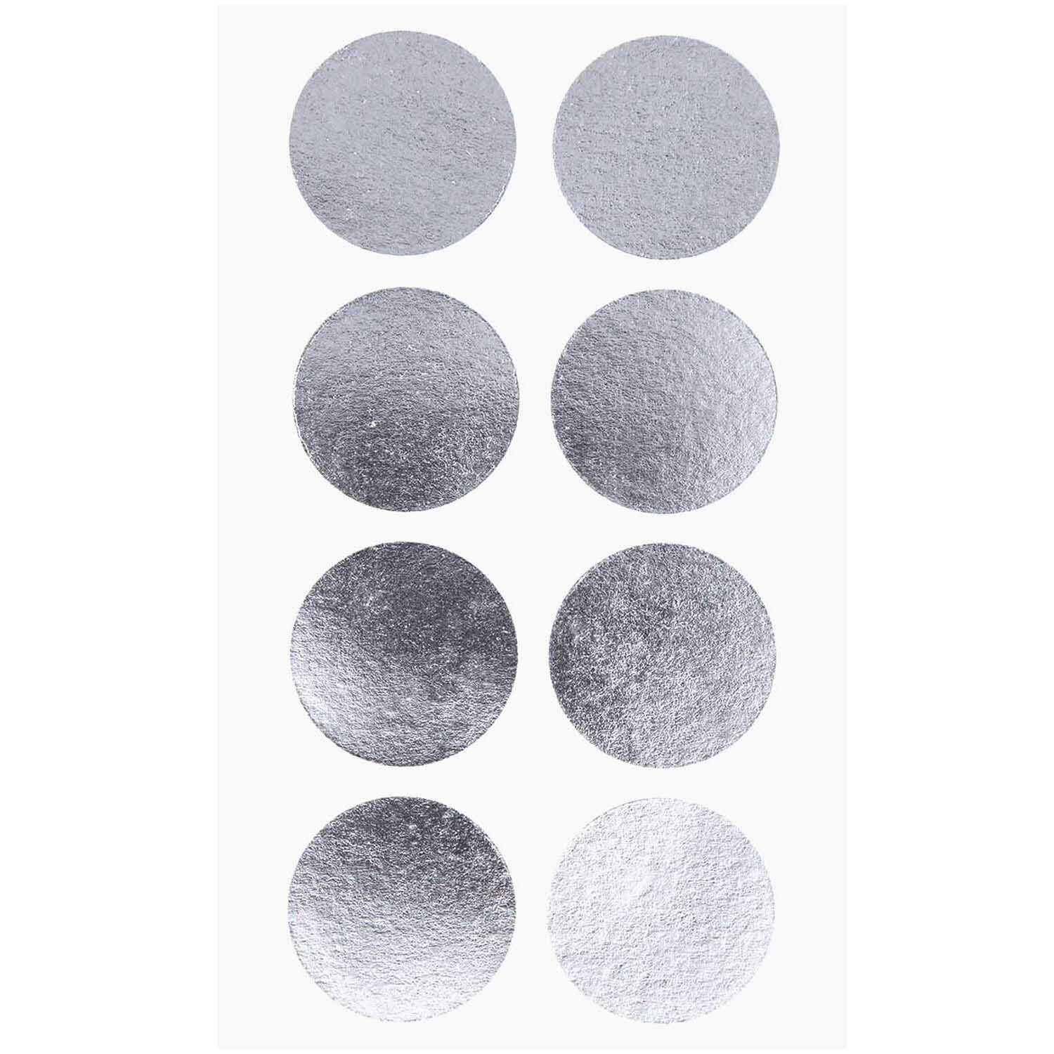 Paper Poetry Sticker Punkte silber 25mm 4 Bogen von Rico Design, zeigen acht glänzende, silberne Kreise auf weißem Hintergrund.