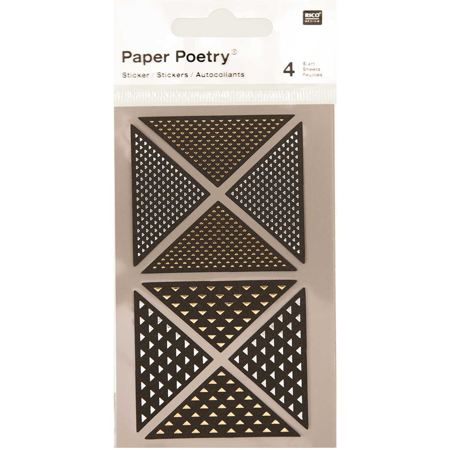 Paper Poetry Sticker Dreiecke in schwarz-metallic von Rico Design, 4 Bogen mit geometrischen Mustern.