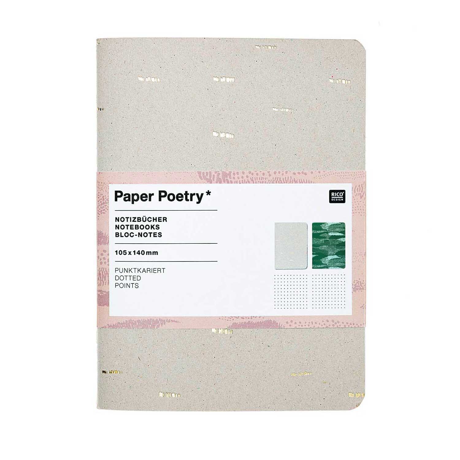 Paper Poetry Notizbücher in A6 mit punktkarierten Seiten, 40 Seiten pro Buch, 2er-Set. Dezentes Design in grün-grau von Rico Design.