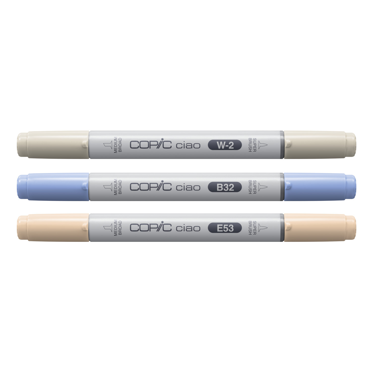 Marker Set Ciao Layer & Mix Cozy Palette 3 Stück mit drei Copic Markern in Grau, Blau und Beige. Ideal für kreative Projekte.