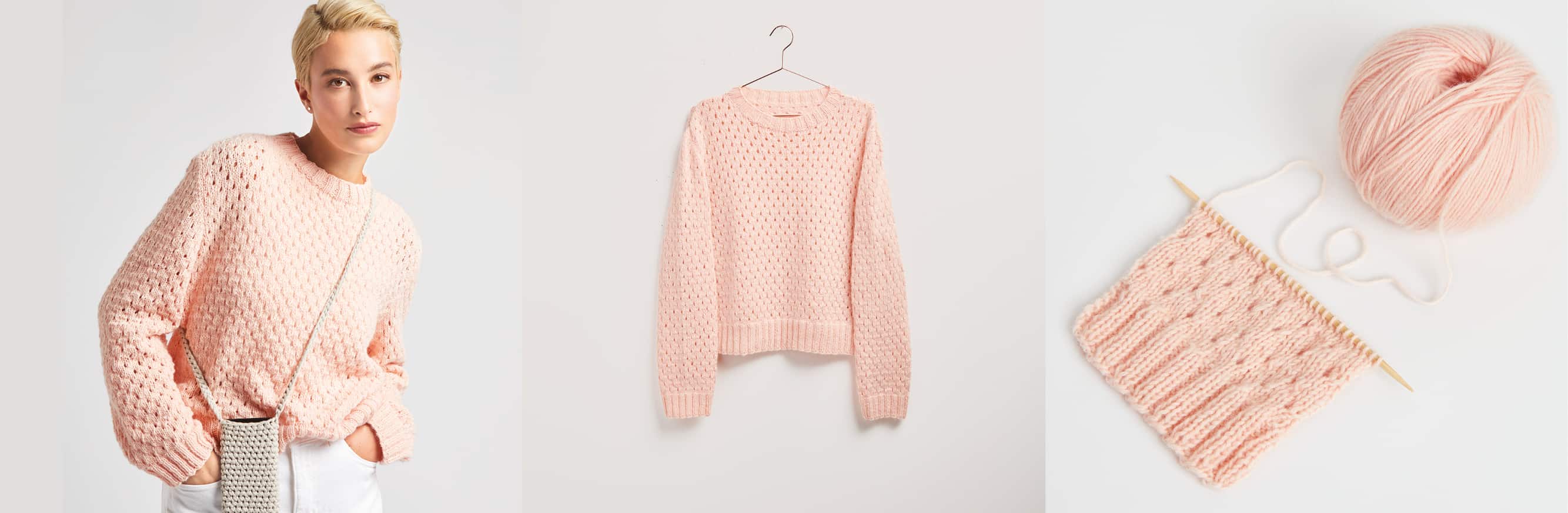 Gestrickter Pullover Modell 16 aus Made by Me No. 20 getragen am Model und auf einem Bügel. Daneben Wollknäuel in rosa und Strickstück