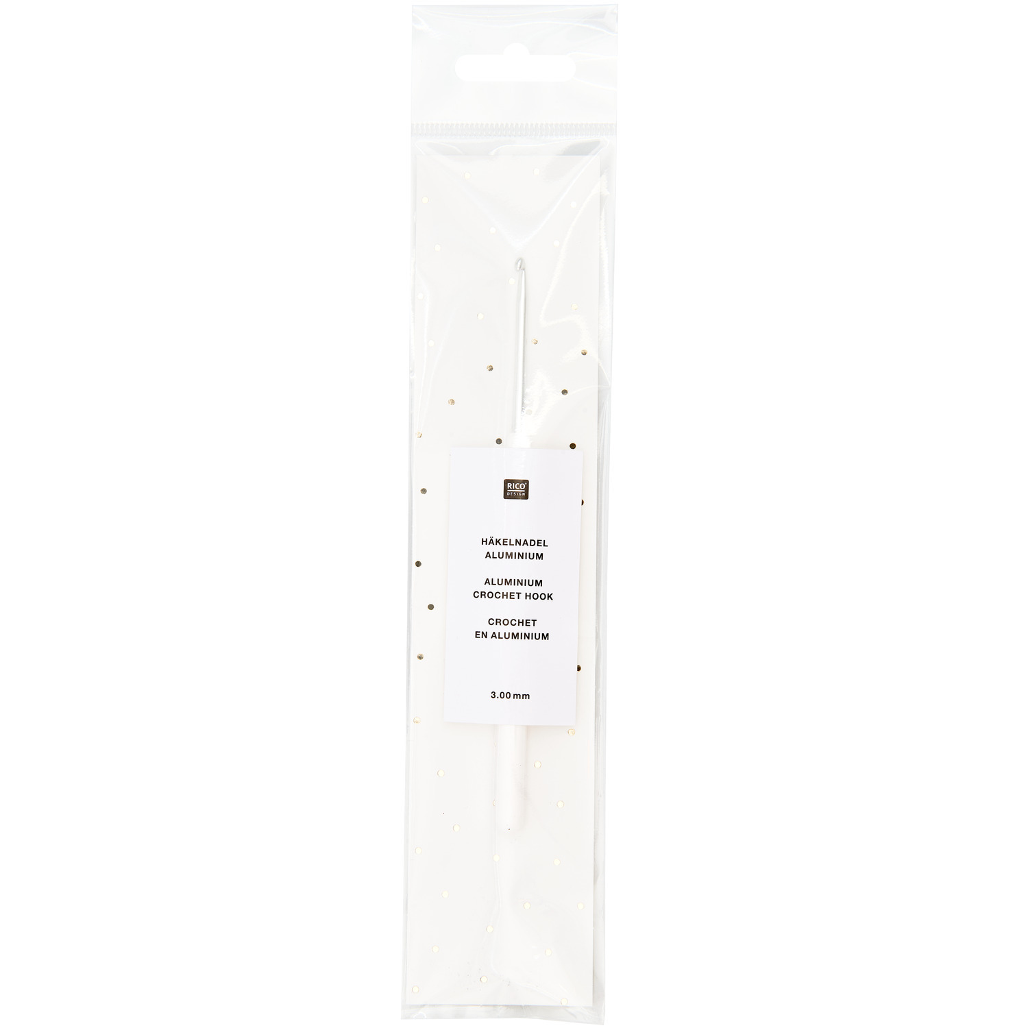 Häkelnadel 15cm von Rico Design in einer transparenten Verpackung, ideal für Handarbeitsprojekte.