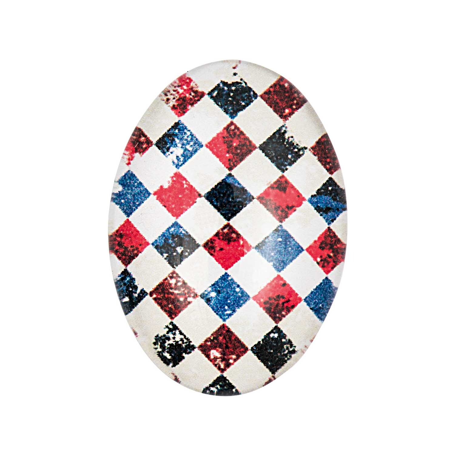Cabochon Karo oval mehrfarbig 25x18mm Glas von Rico Design zeigt ein buntes Rautenmuster.