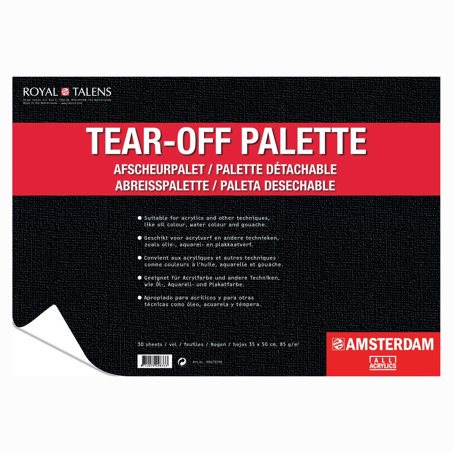 Abreißpalette 35x50cm von AMSTERDAM, schwarze Palette mit rotem Etikett, ideal für Acrylfarben.
