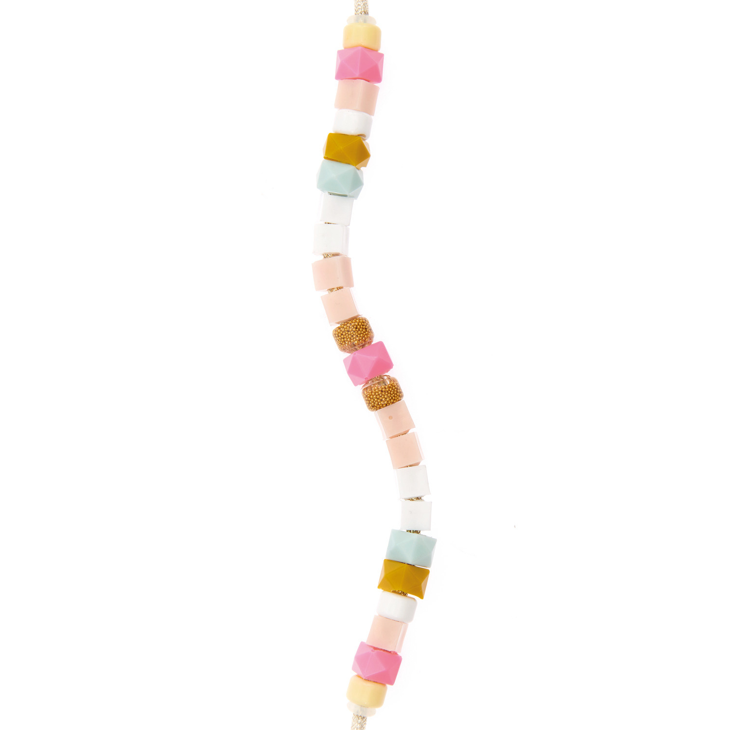 Füllmaterial für Resin Formen Mix 1 zeigt bunte Perlen in Weiß, Pink, Jade und Senf an einer Schnur.