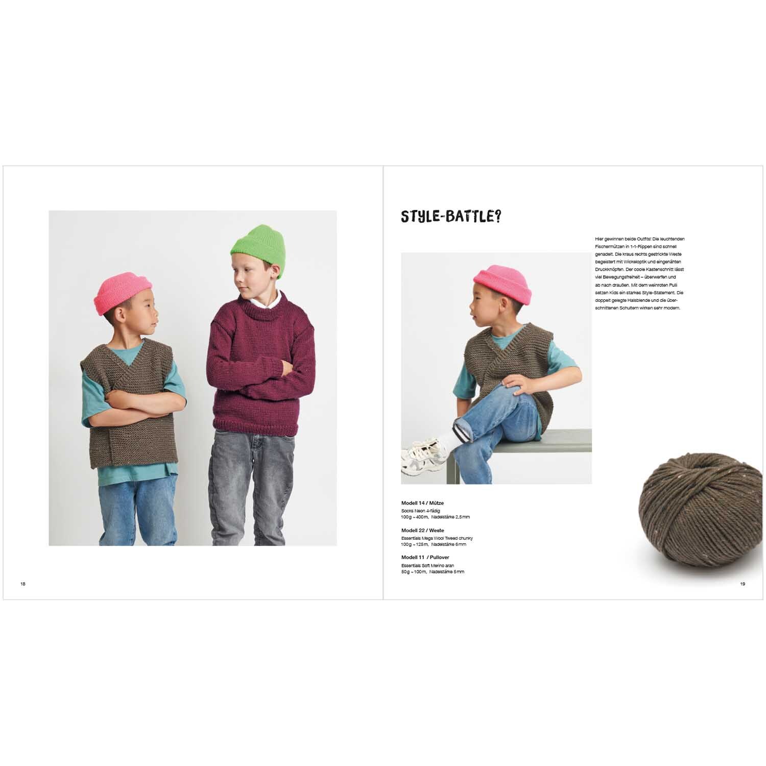 Kids Nr.12: Zwei Kinder in modischer Kleidung von Rico Design, mit bunten Mützen und Strickwesten.