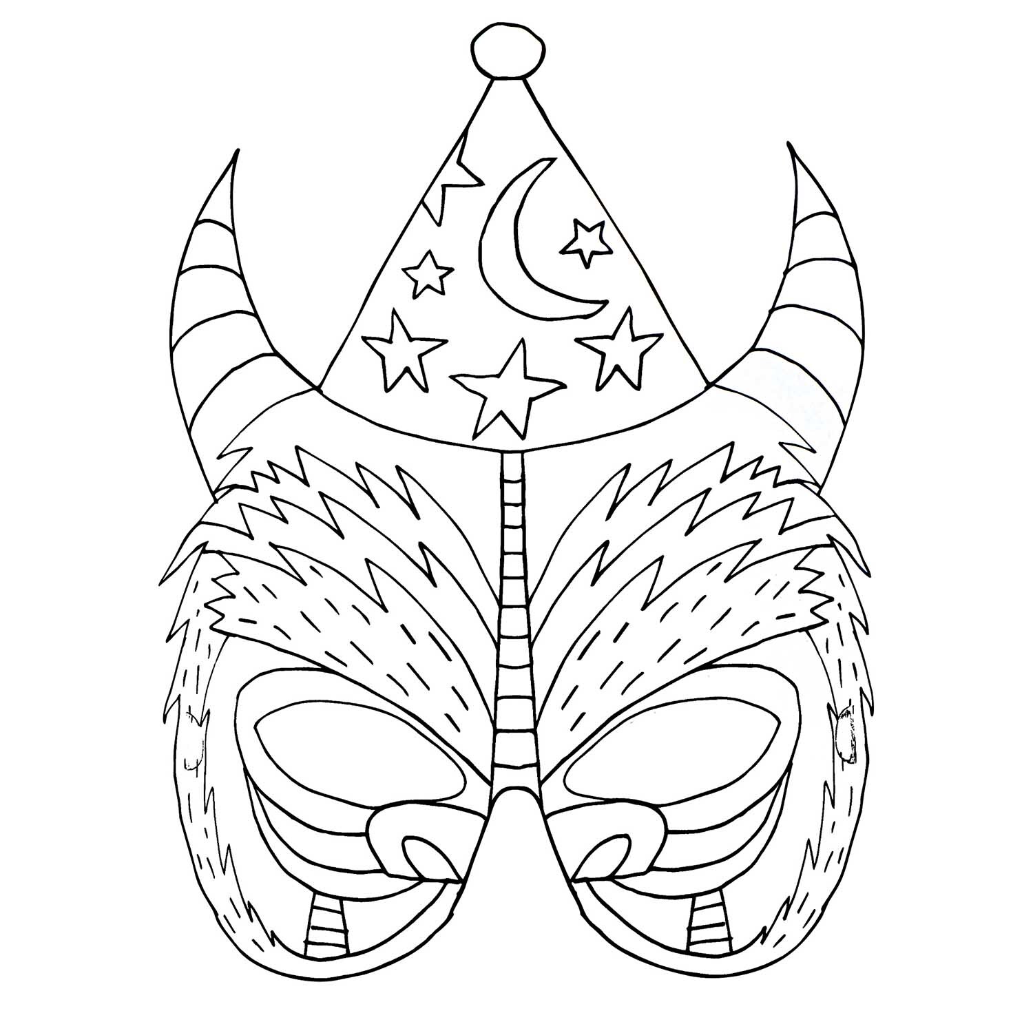 Paper Poetry Masken zum Ausmalen, 6 Stück von Rico Design. Schwarz-weiße Maske mit Hörnern und Partyhut zum kreativen Gestalten.