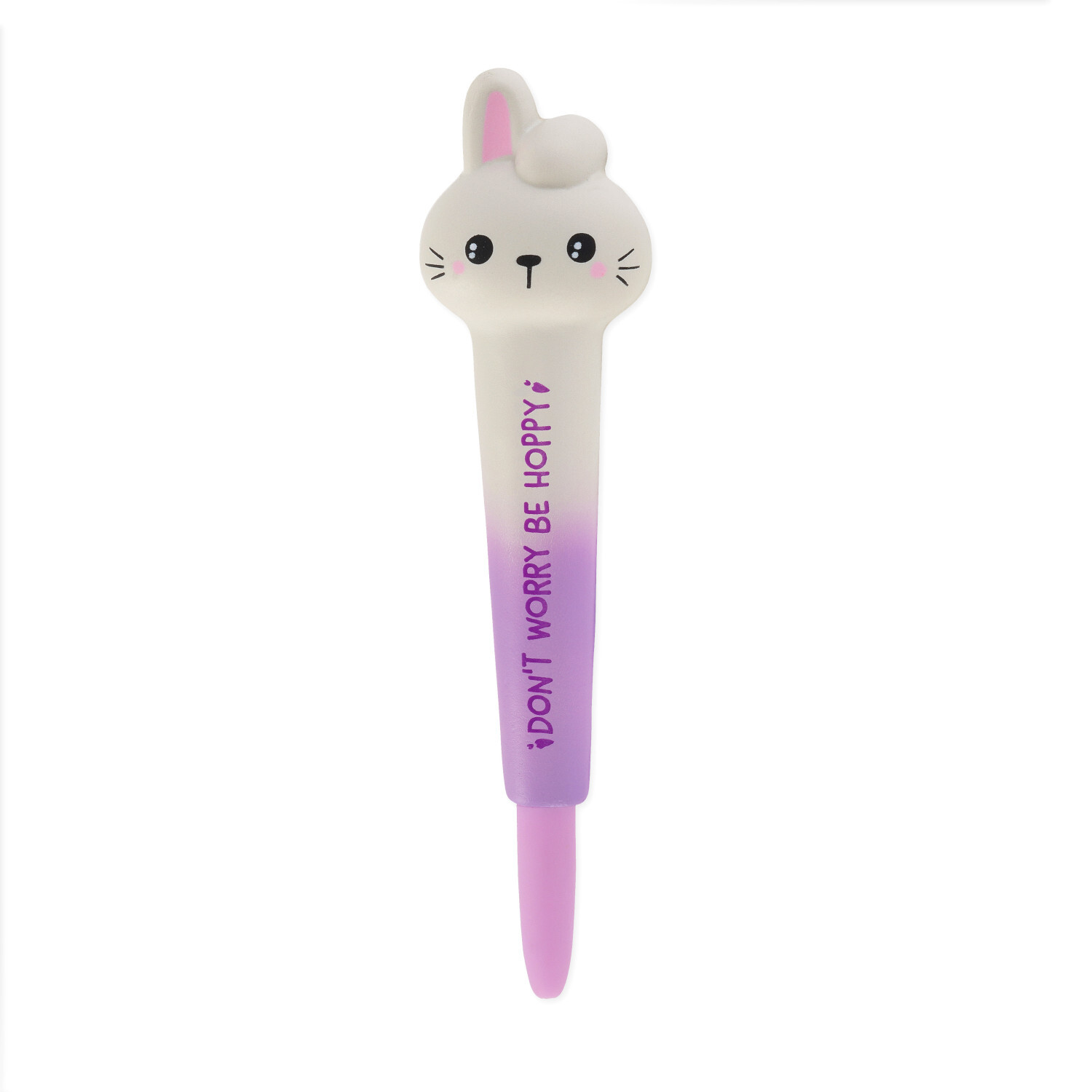 Squishy-Gelstift Bunny: Lila-weißer Stift mit Hasenmotiv und "DON'T WORRY BE HOPPY!" Aufschrift.