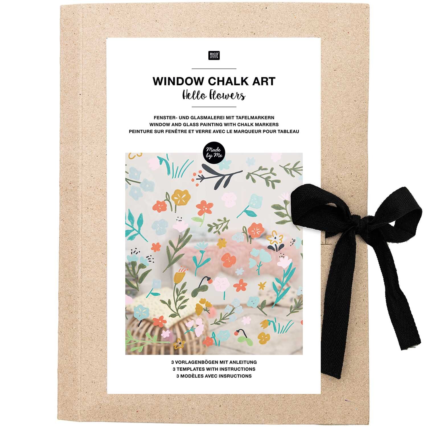 Vorlagenmappe Hello Flowers für Fenster- und Glasmalerei mit Kreidestiften, zeigt florale Designs auf der Verpackung. Marke: Rico Design.