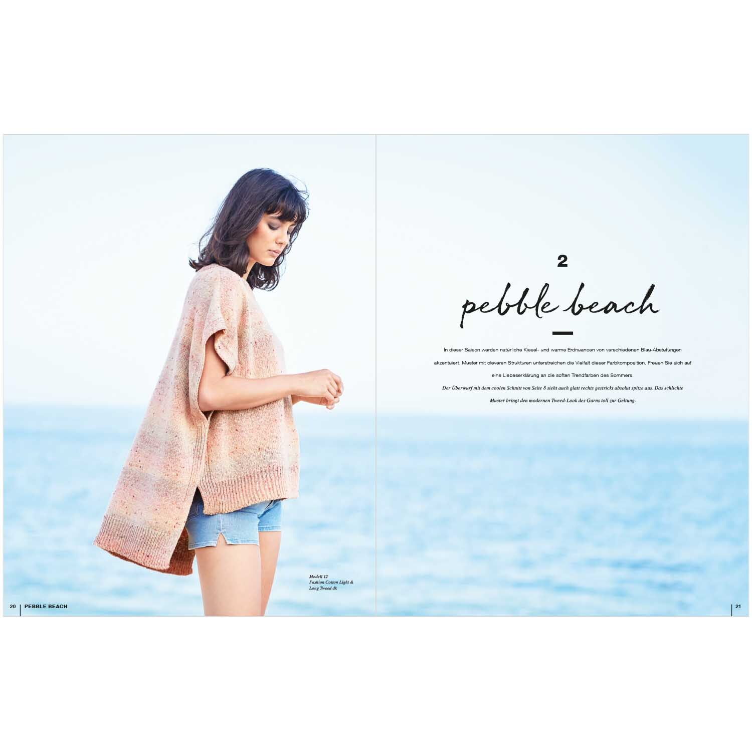 Lovewool Nr.12 Handstrickmagazin Frühjahr-Sommer zeigt eine Frau am Strand in einem lässigen, gestrickten Oberteil von Rico Design.
