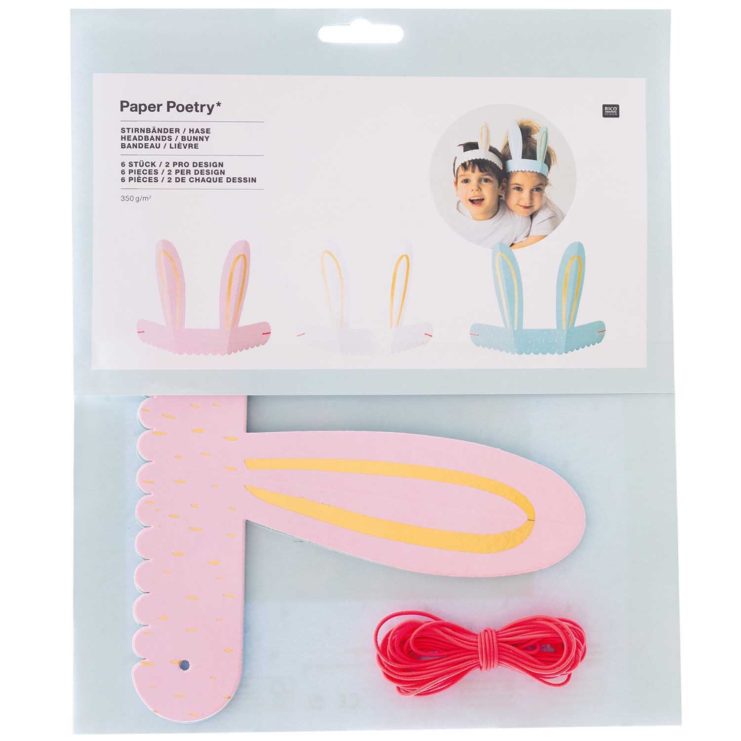 Paper Poetry Stirnbänder Hase 6 Stück: Bunte Stirnbänder mit Hasenohren von Rico Design, ideal für kreative Bastelprojekte und Kinderpartys.
