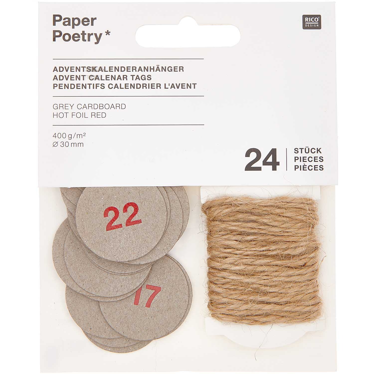 Paper Poetry Adventskalenderanhänger aus Graukarton, 24 Stück, mit roter Heißfolienprägung und Juteschnur, ideal für kreative Weihnachtsdekorationen.