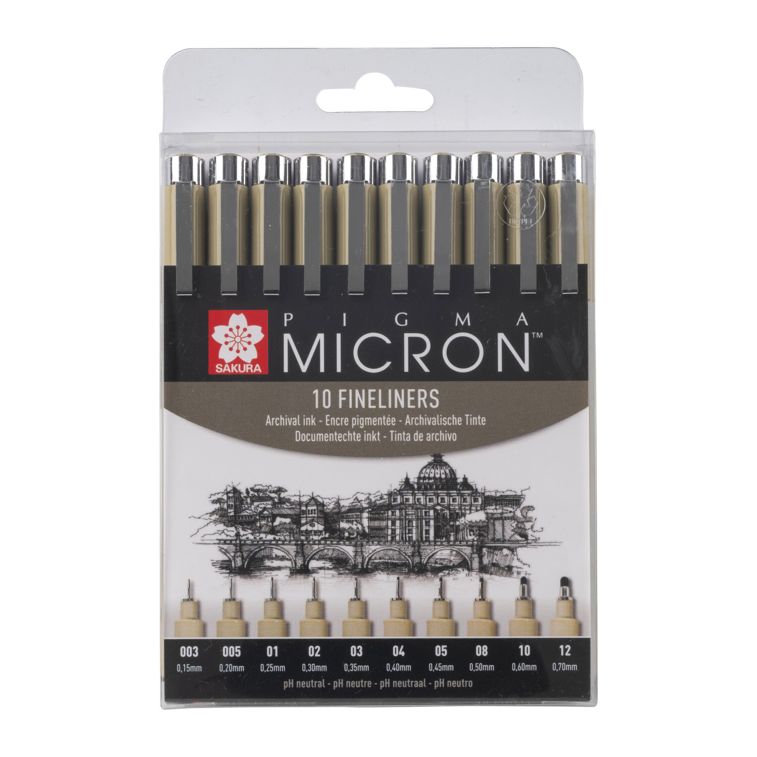 Pigment Liner Sakura Pigma Micron Fineliner Set mit 10 schwarzen Stiften in einer transparenten Verpackung.