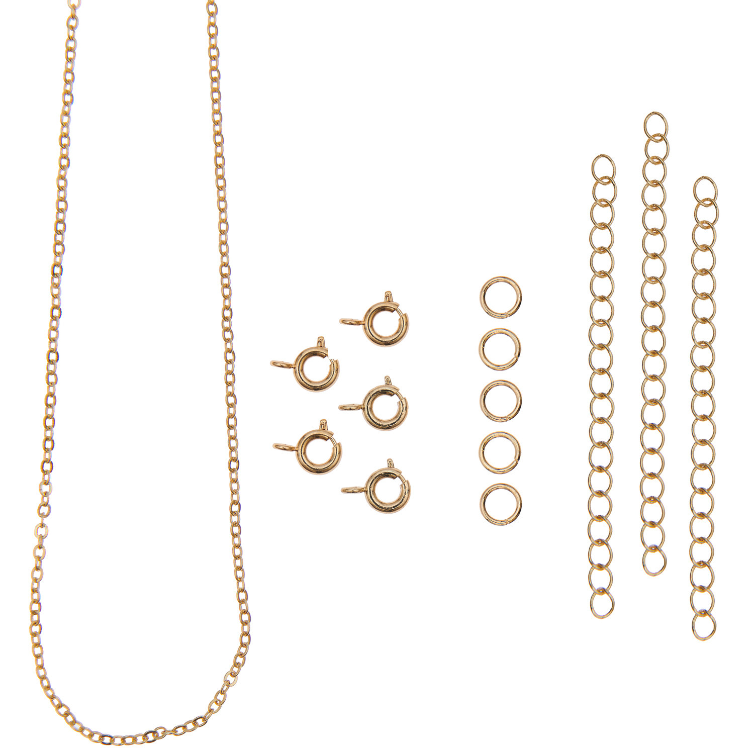 Federring-Verschlüsse und Ketten gold, 14-teilig von Rico Design. Enthält Ketten und Verschlüsse in elegantem Goldton. Ideal für Schmuckherstellung.