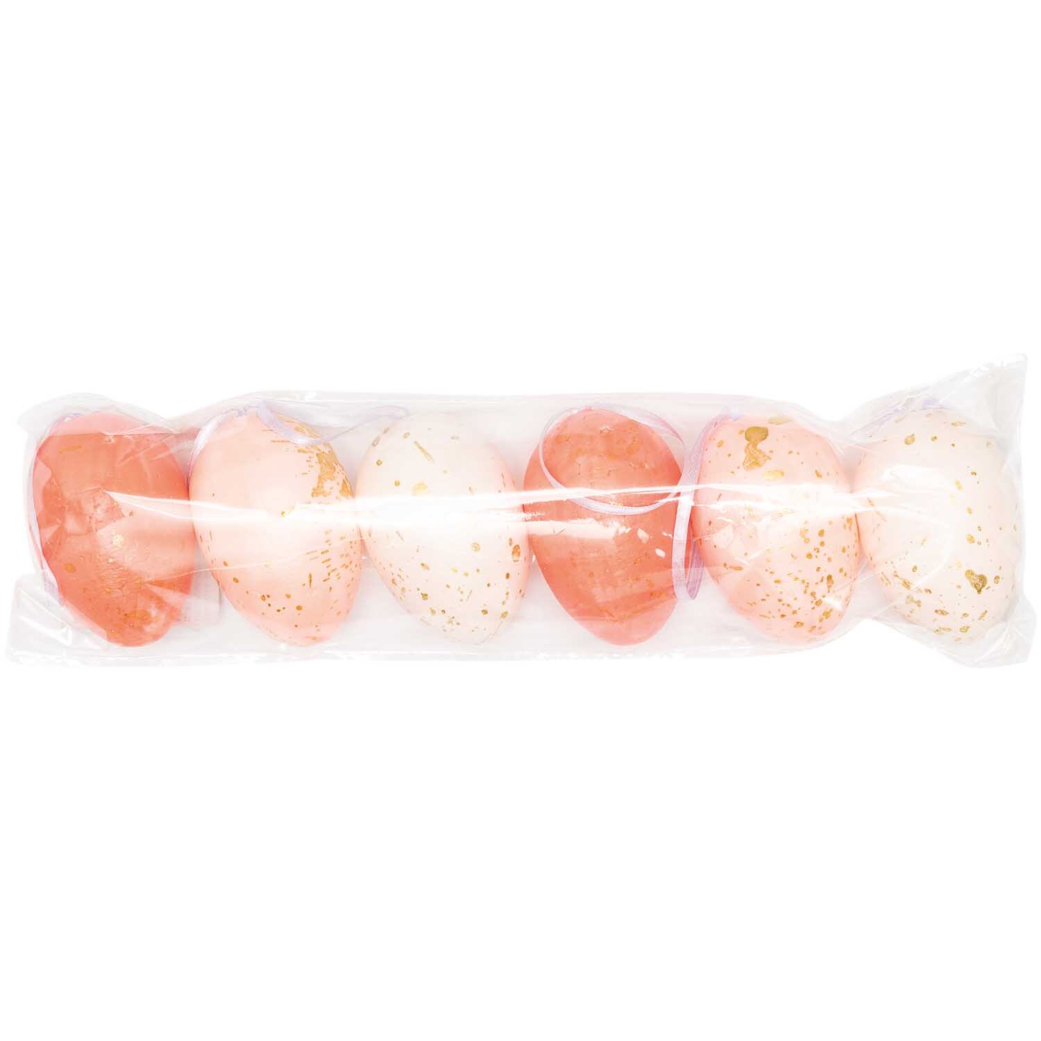 Eier zum Hängen rosa-gold Mix 6cm 6 Stück von Rico Design, dekorative Ostereier in zarten Rosatönen, verpackt in transparenter Folie.