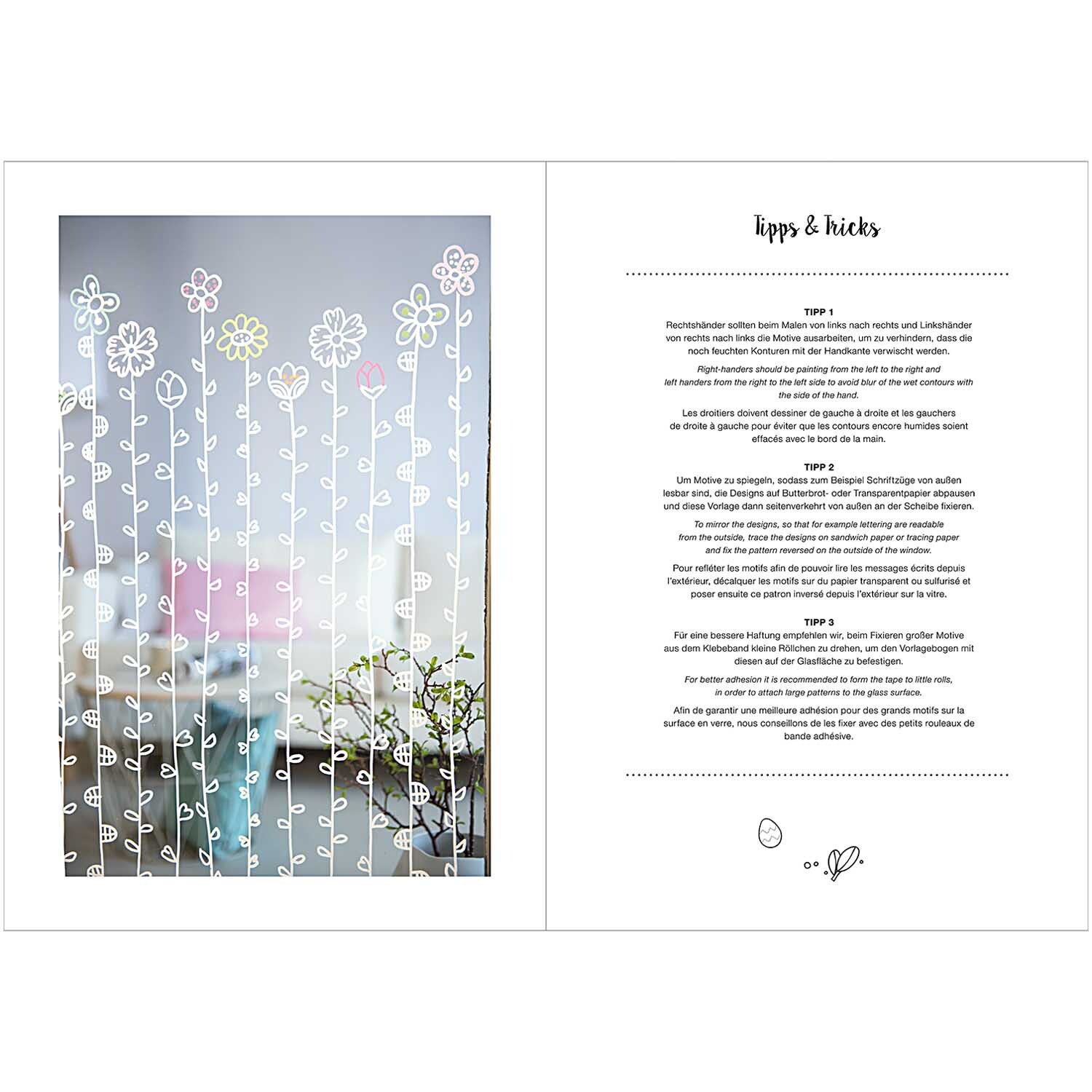 Vorlagenmappe Ostern Fenster- und Glasmalerei zeigt florale Kreidemalerei auf Glas mit Tipps von Rico Design.