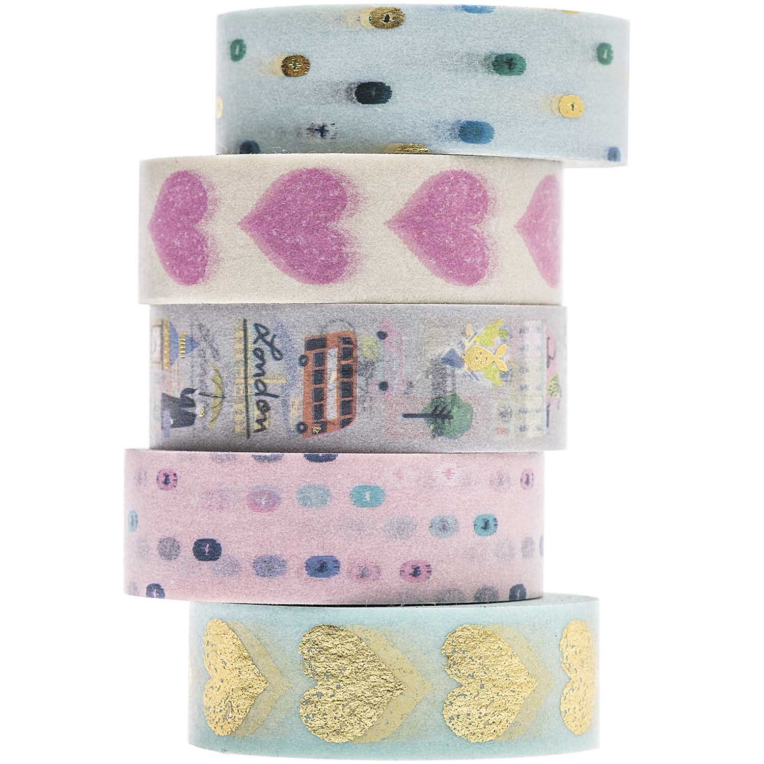 Paper Poetry Tape Set Travel the World, 5 bunte Rollen mit Herz- und London-Motiven, 1,5 cm breit, 10 m lang. Ideal für kreative Projekte.