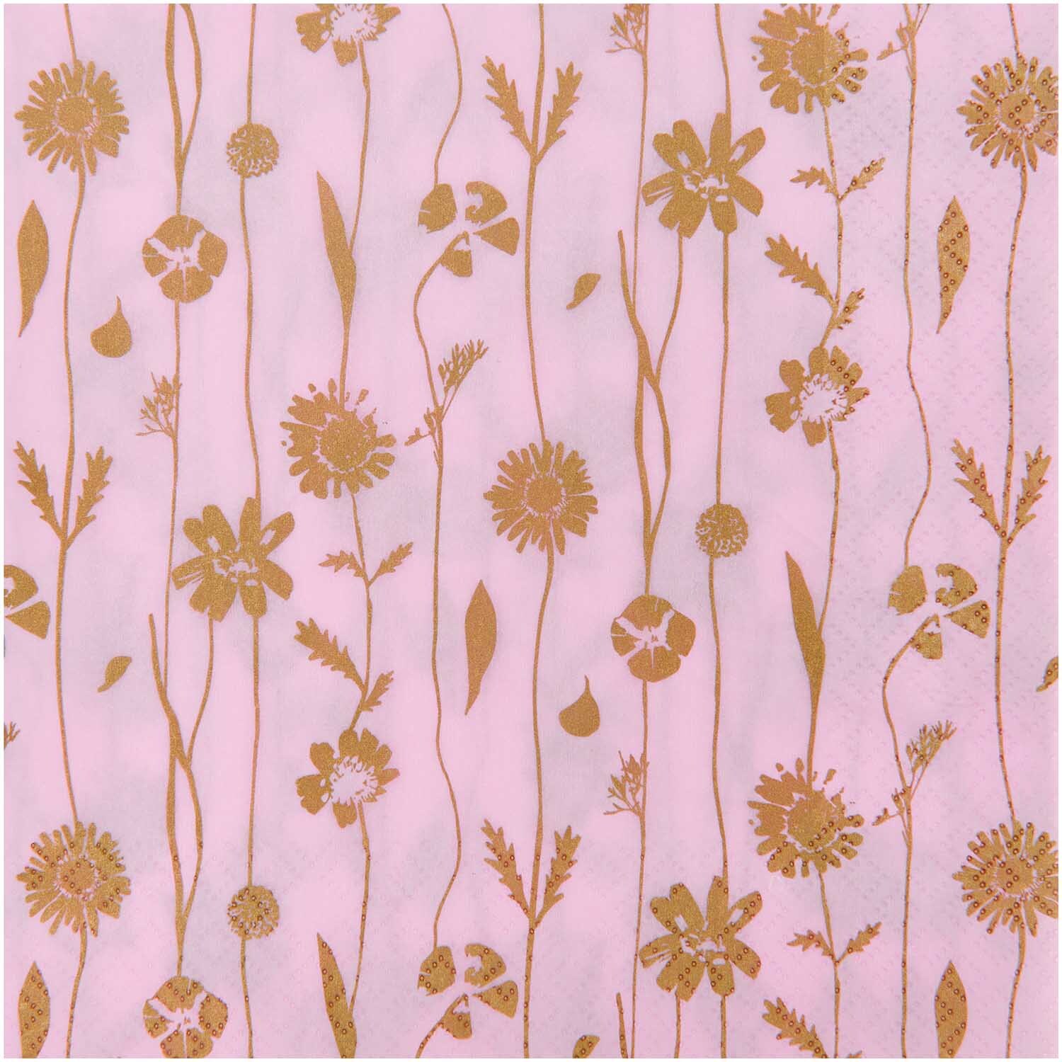 Servietten Blumenranken rosa 33x33cm 20 Stück mit goldenen Blumenmustern auf rosa Hintergrund. Ideal für elegante Tischdekorationen.