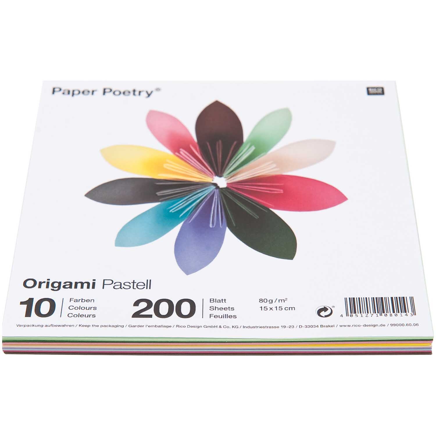 Paper Poetry Origami pastell 15x15cm, 200 Blatt in 10 Farben, arrangiert in Blumenform. Ideal für kreative Projekte.
