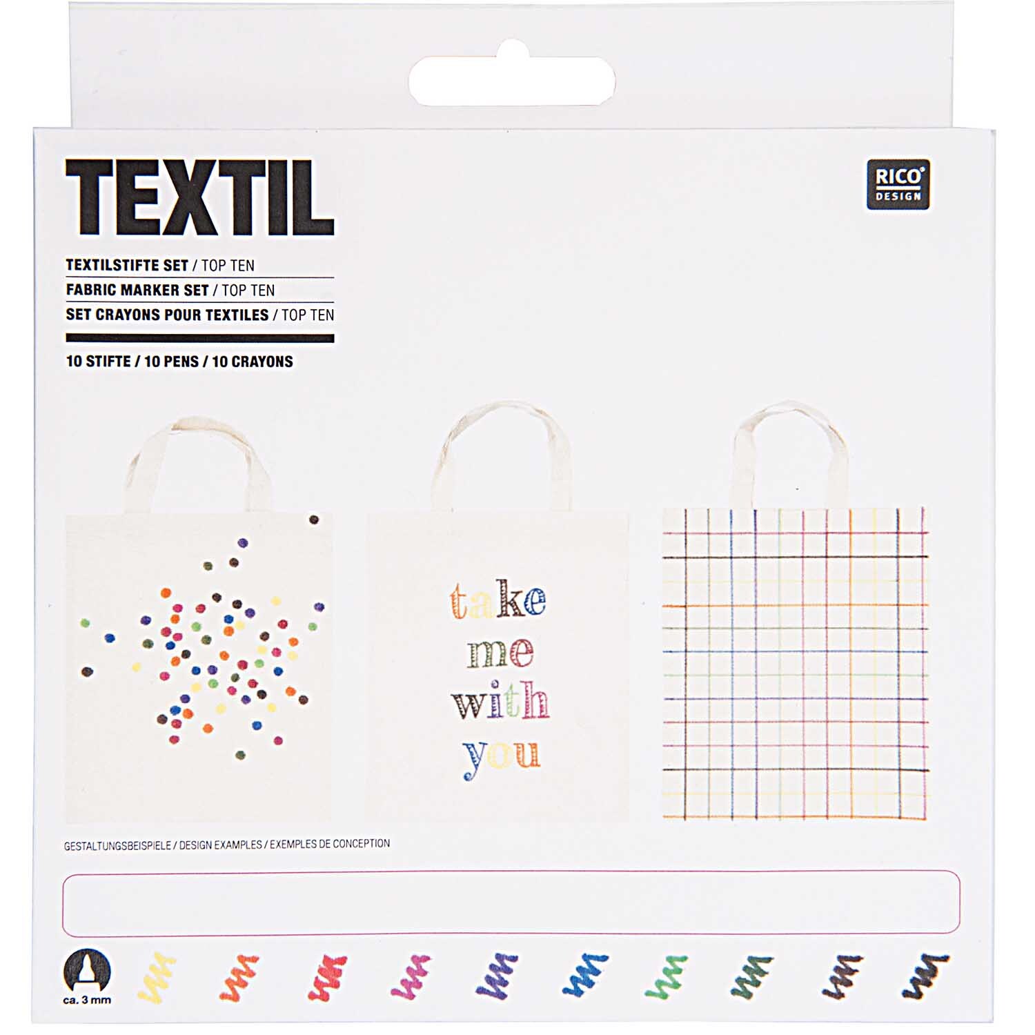 Textilstifte basic 10 Stück von Rico Design, ideal zum Gestalten von Stoffen. Enthält 10 bunte Stifte in einer ansprechenden Verpackung.
