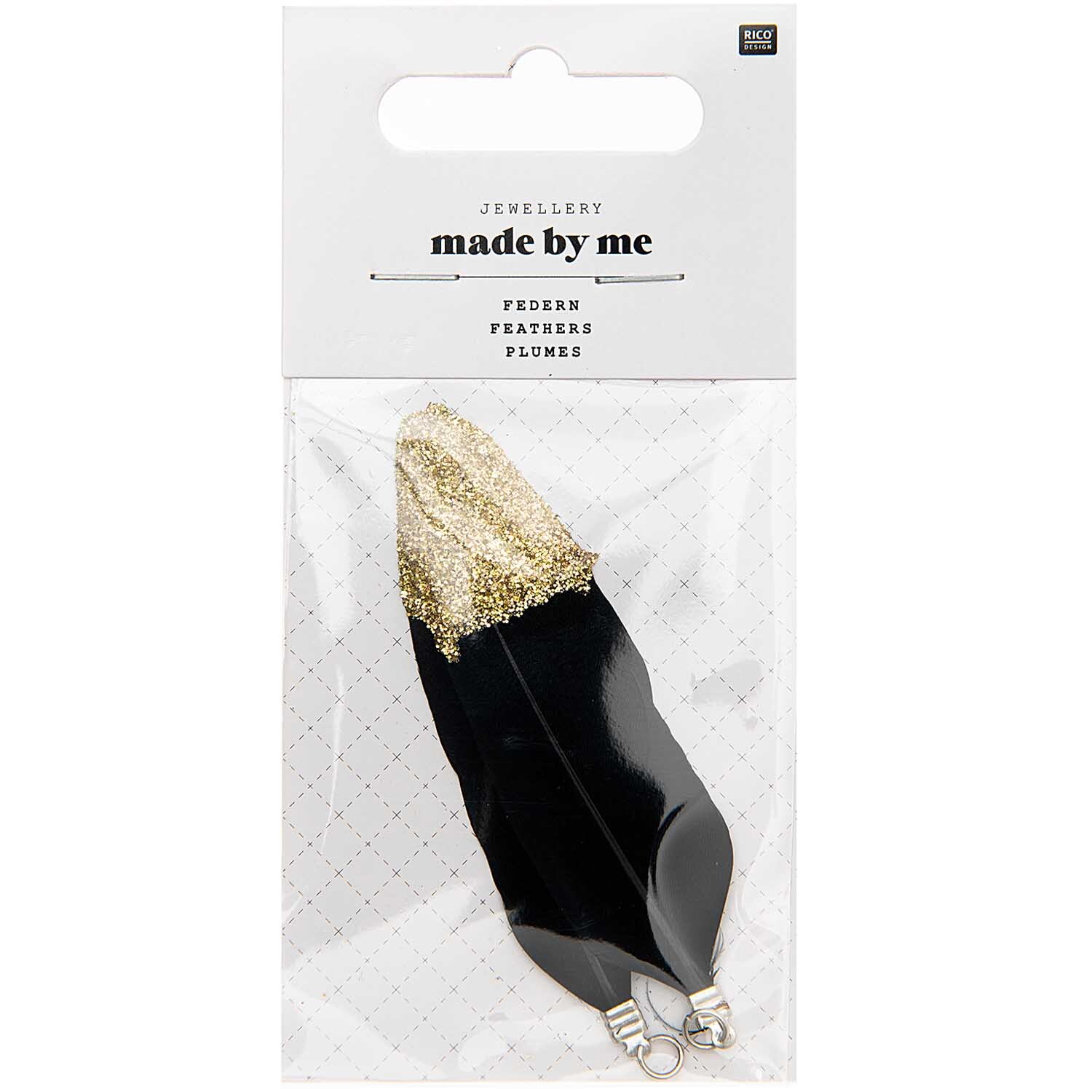 Jewellery Federn mit Öse Glitzer 2 Stück Farbe Schwarz-Gold von Rico Design