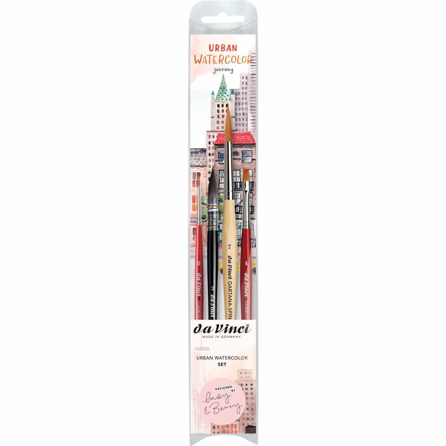 da Vinci Pinsel-Set Urban Watercolor mit verschiedenen Pinseln in einer transparenten Verpackung, ideal für Aquarellmalerei. Marke: May&Berry.