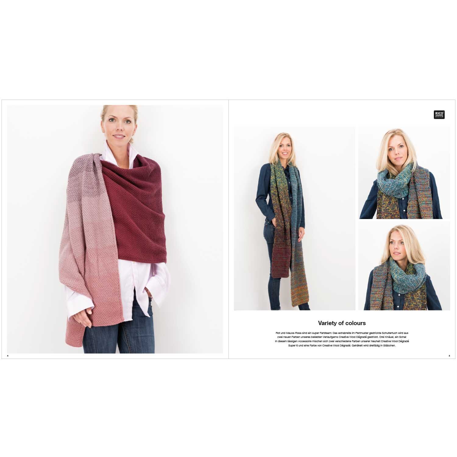 Publikation Wool Dégradé Special: Frau trägt einen mehrfarbigen Schal von Rico Design, elegant drapiert.