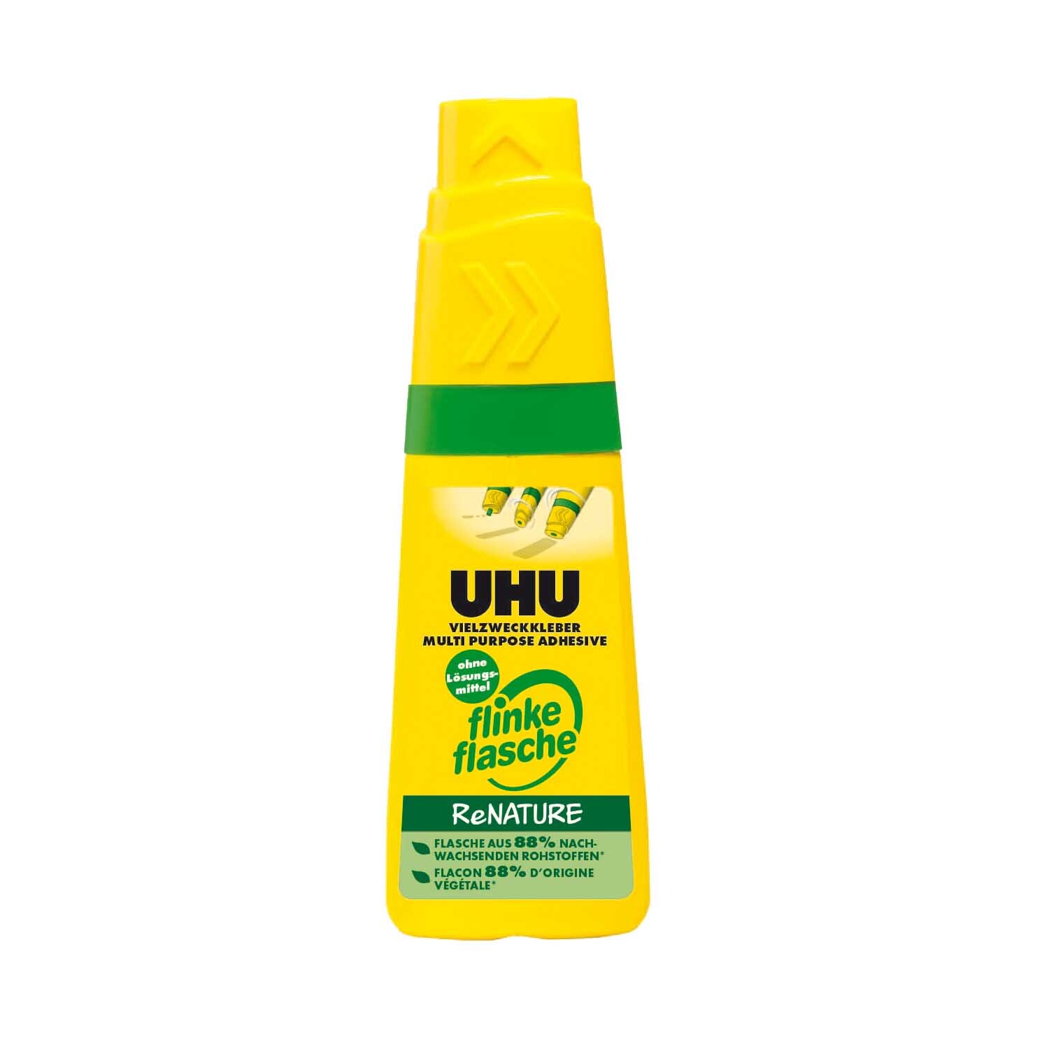 Vielzweckkleber flinke Flasche ohne Lösungsmittel von UHU in gelber Verpackung mit grünem Etikett.