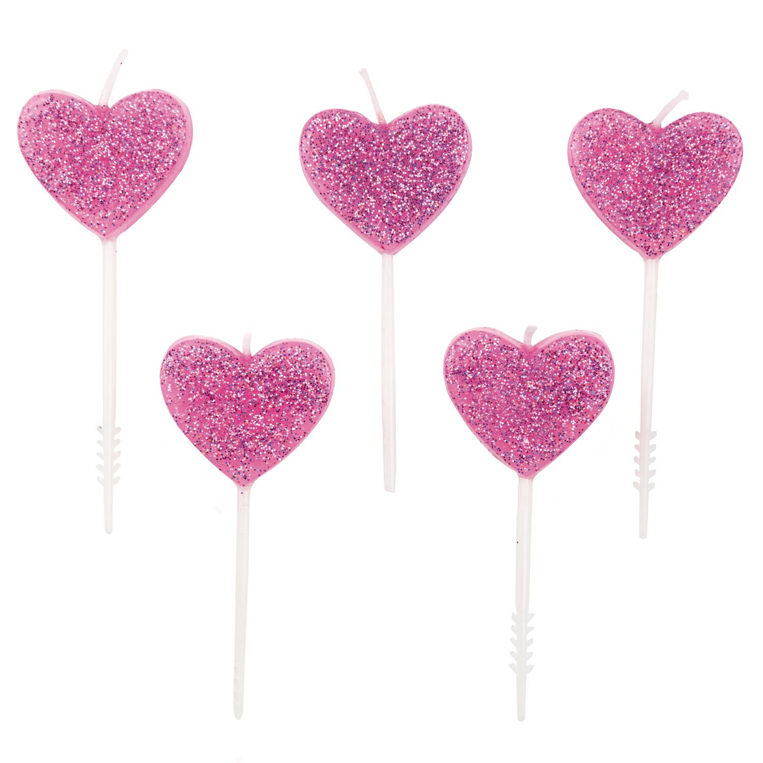 Kerzen Herzen Glitter Rosa, 5 Stück von Rico Design, funkelnde Herz-Kerzen auf Stäbchen für romantische Tortendekoration und liebevolle Party-Arrangements