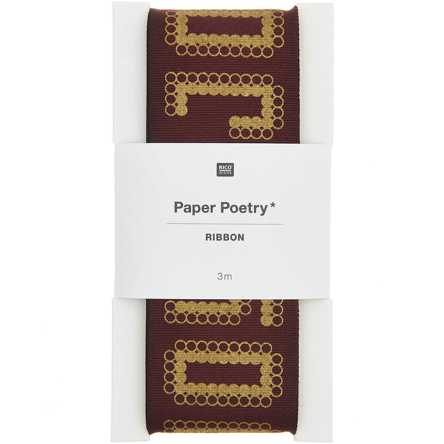 Paper Poetry Taftband Joy in Bordeaux mit goldenen Mustern, 38mm breit, 3m lang, von Rico Design.