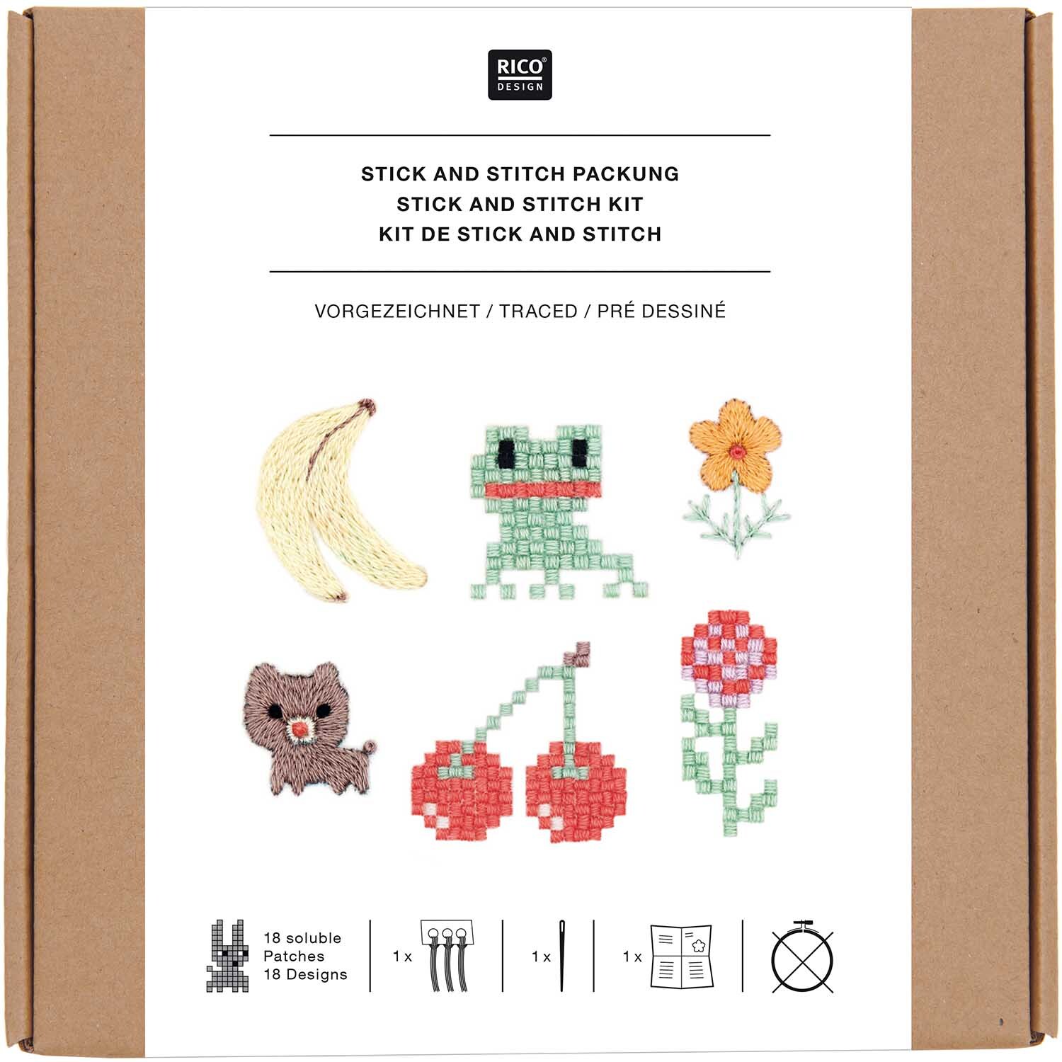 Stick and Stitch Stickpackung Pixel Art Mix vorgezeichnet 18 Stück von Rico Design