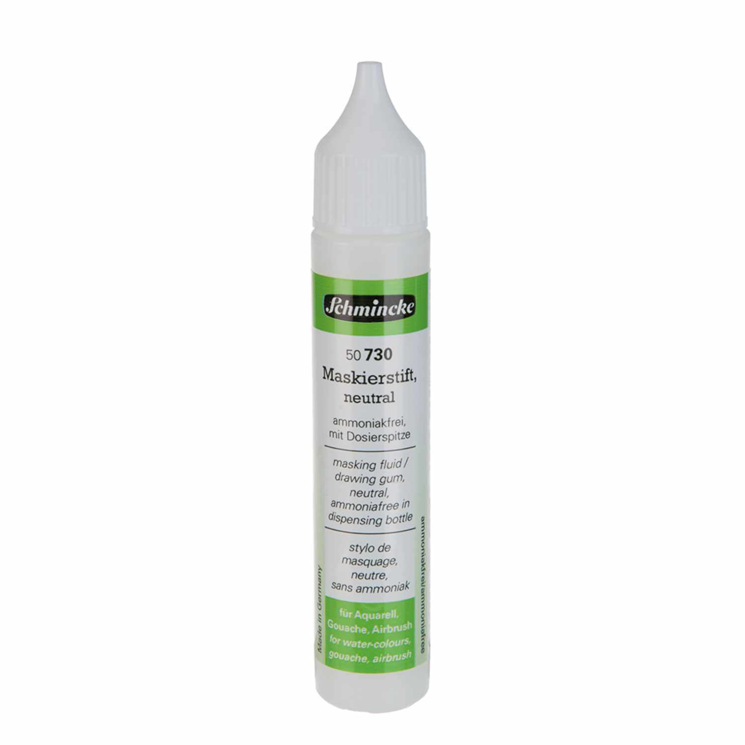 Maskierstift neutral 25ml von Schmincke, weißer Stift mit grüner Etikettierung, ideal zum präzisen Auftragen.