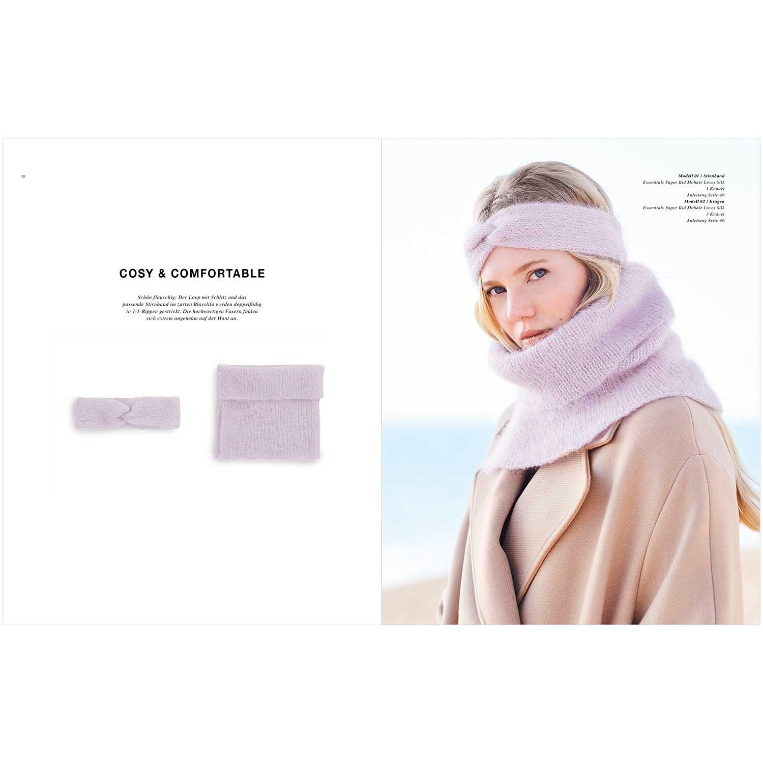 Accessoire Special: Frau trägt fliederfarbenes Stirnband und Schal von Rico Design am Strand.