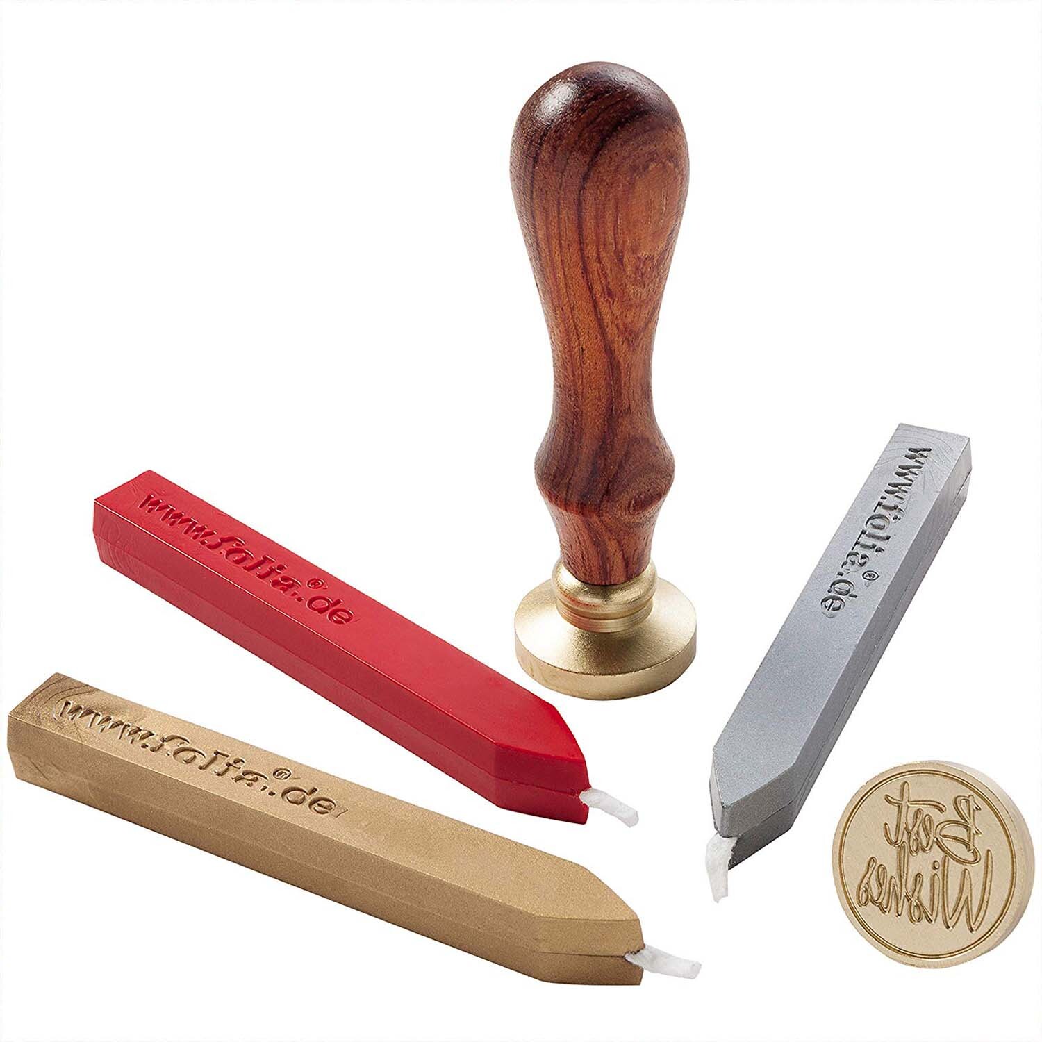Siegel-Set mit Holzgriff und mehrfarbigen Wachsstiften, ideal für kreative Projekte.