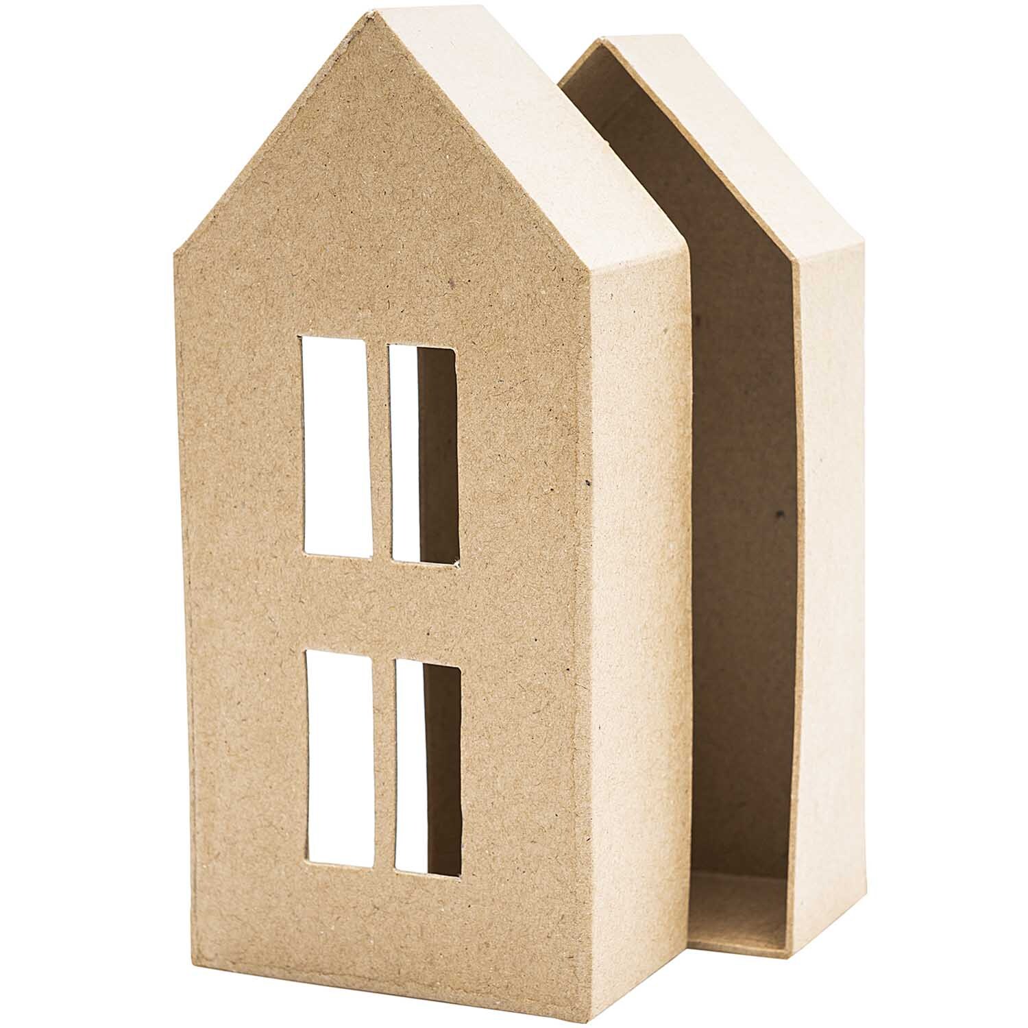 Schachtel Pappmaché-Haus von Rico Design in Hausform mit Fensterausschnitten, ideal für kreative Projekte.