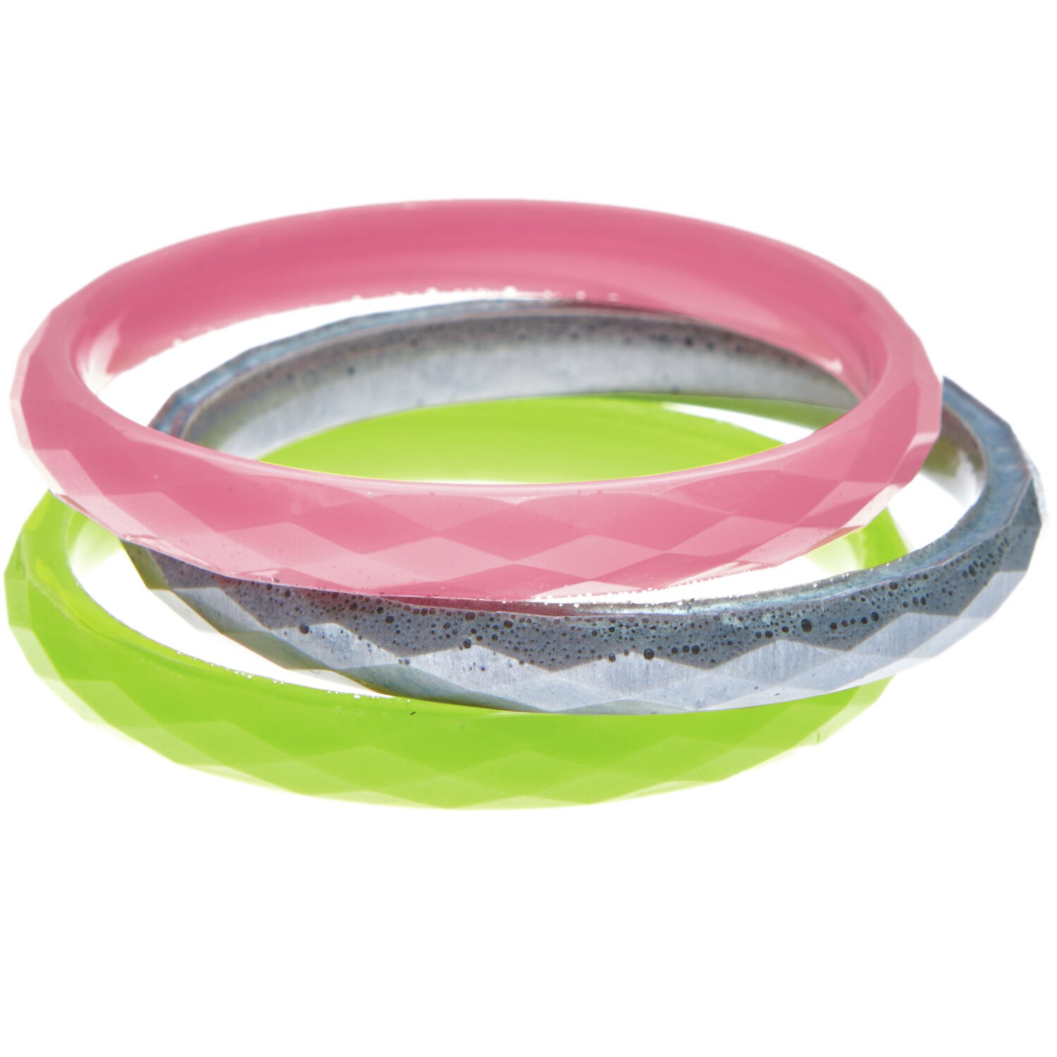 Silikon Gießform Armreif: Drei bunte Armreifen in Rosa, Grün und Silber mit Perl-Effekt.