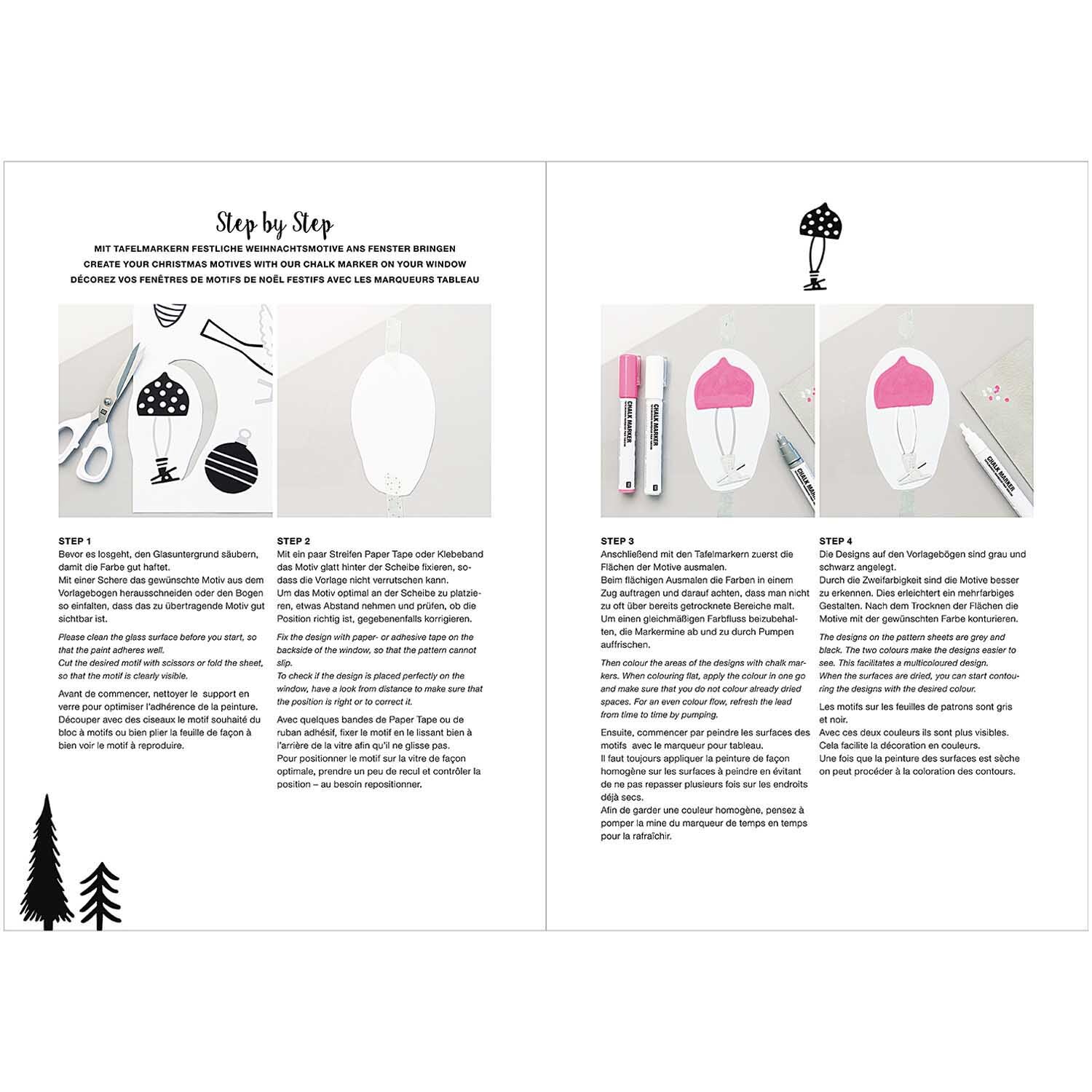 Vorlagenmappe Nostalgic Christmas Fenster- und Glasmalerei zeigt Schritt-für-Schritt-Anleitung mit Kreidestiften von Rico Design.