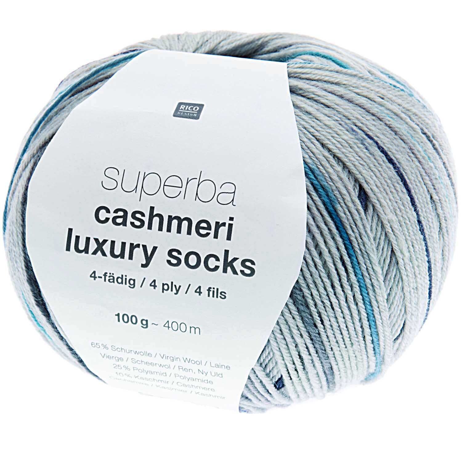 Superba Cashmeri Luxury Socks 4fädig, weiches Garn in Denim von Rico Design, 100g Knäuel mit 400m Länge.