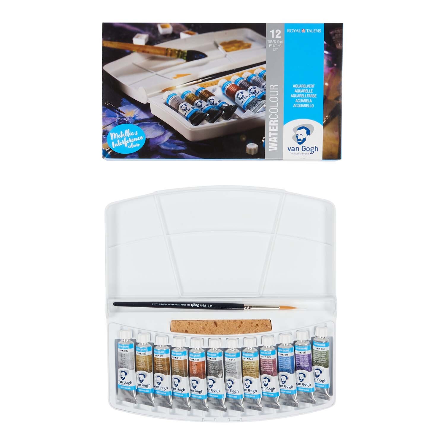 Aquarellfarben-Set mit 12 Tuben à 10 ml und Pinsel in einer weißen Box, Marke van Gogh. Ideal für kreative Projekte.