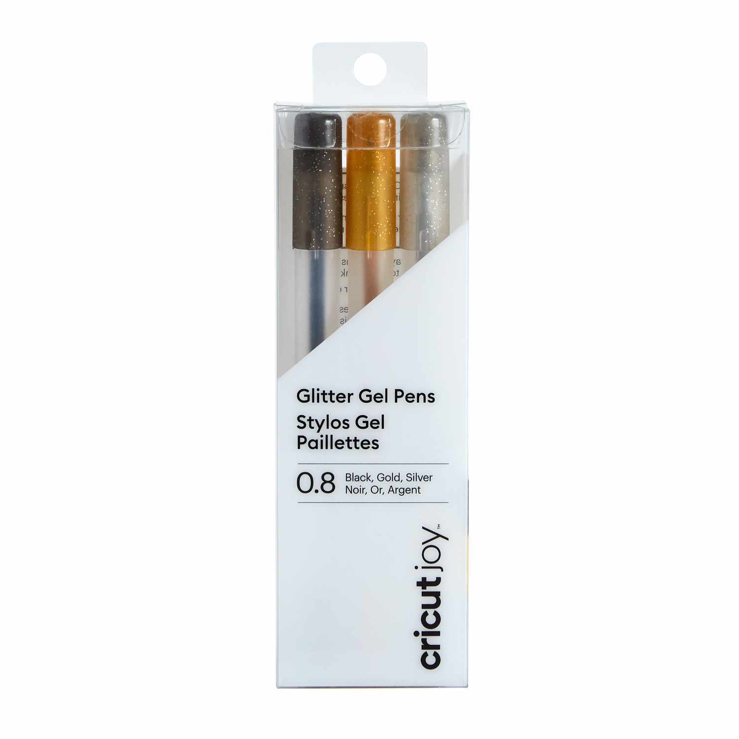 Joy Pens Glitter Gel Stifteset mit drei Stiften in Schwarz, Gold und Silber, ideal für kreative Projekte. Verpackung zeigt die Farben deutlich.