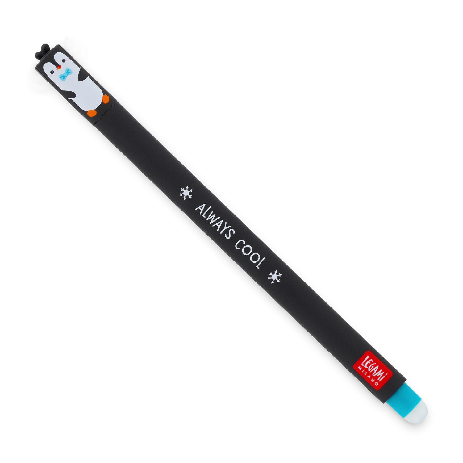 Legami löschbarer Gelstift mit Pinguin-Design, schwarzer Schaft, blauer Radierer, "Always Cool"-Aufschrift.
